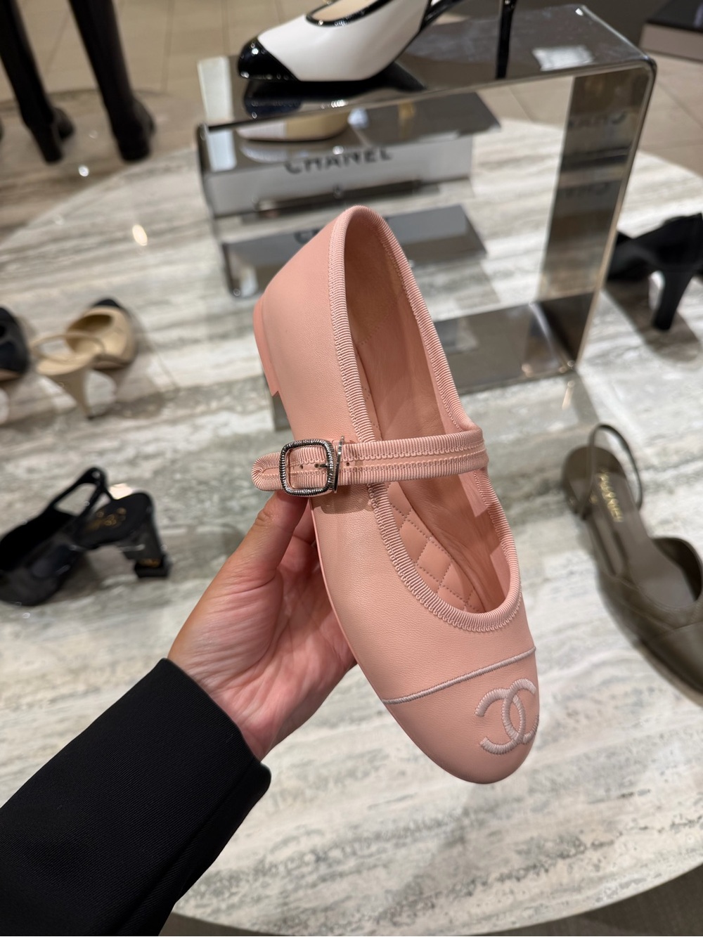 CHANEL Baby Pink Leather Mary Jane Ballet Flat with CC Logo NIB AUTHENTIC